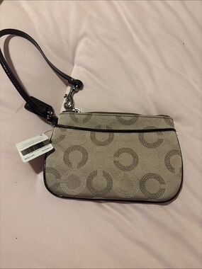 Coach Beige Signature Canvas Wristlet with Dark Brown Trim and Strap